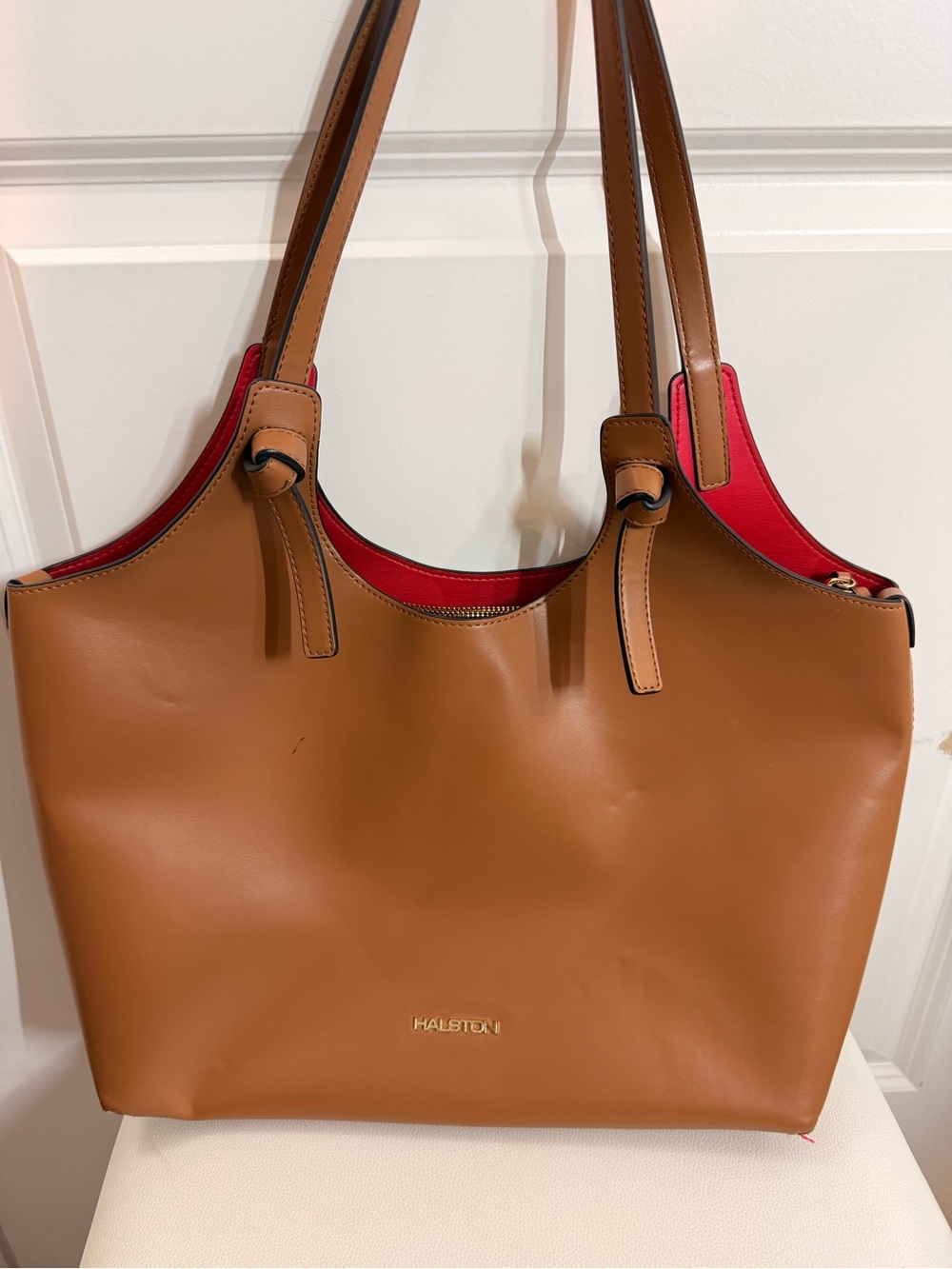 Halston Heritage Tan Tote with Red Interior Accents